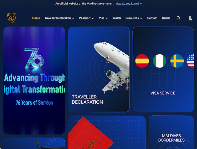 モルディブ入国手続き「IMUGA」公式サイトのトップページ画面。上部に「An official website of the Maldives government.」と記載された本物の申請ポータルサイトの様子