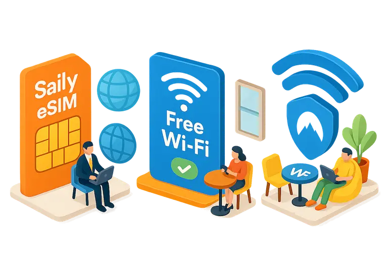 Saily eSIM、Free Wi-Fi,セキュリティのイラスト