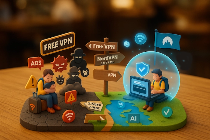 無料VPNは危険?デジタルノマドが有料NordVPNを選ぶべき理由のイメージアイキャッチ画像