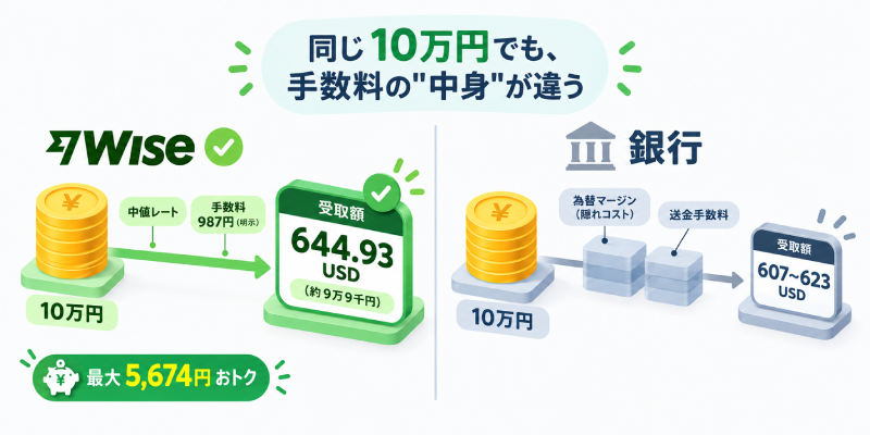 Wiseと銀行の送金手数料比較。10万円をUSDに送金した場合、Wiseは中値レート＋手数料987円で受取額644.93USD、銀行は為替マージンなどの隠れコストで607〜623USDにとどまり、Wiseなら最大5,674円お得