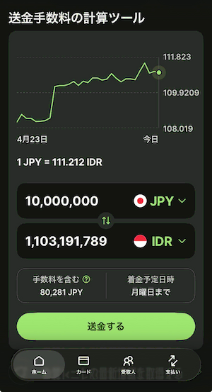 Wiseアプリ「送金手数料の計算ツール」通貨を選ぶと、リアルタイムの手数料と受取額が表示