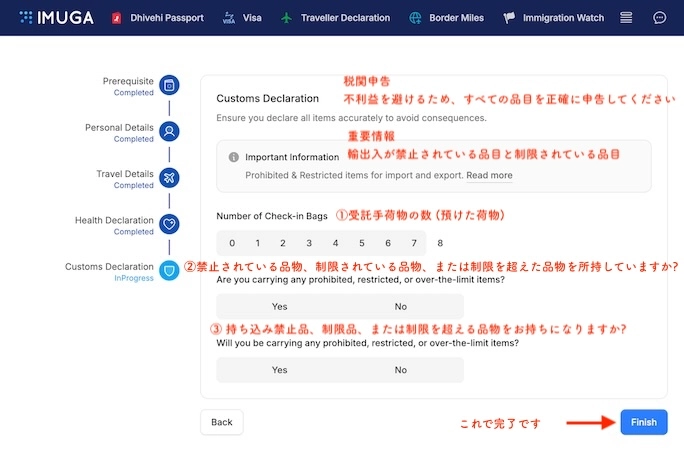 税関申告の入力画面