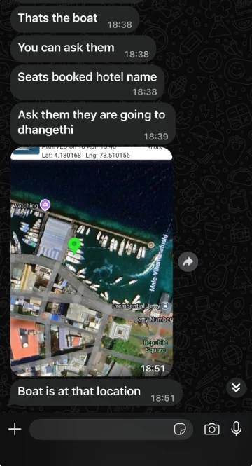 WhatsAppでボートの停泊位置を教えてもらう画面