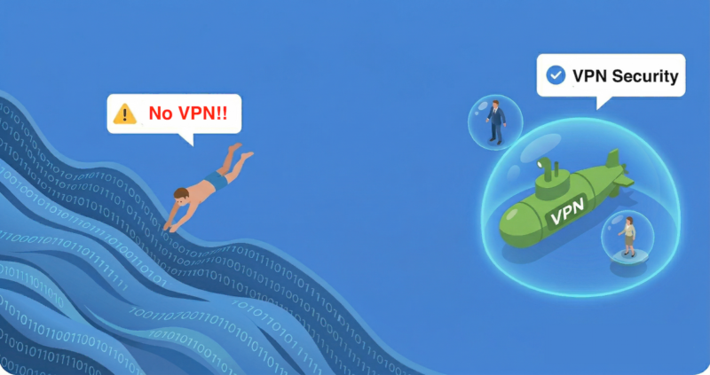 「Wi-Fiの海に飛び込む人」 アイソメトリックの海(データの波)に裸で飛び込む人物と、VPNのシールドを着て潜水艦のように安全に進む対比イラスト