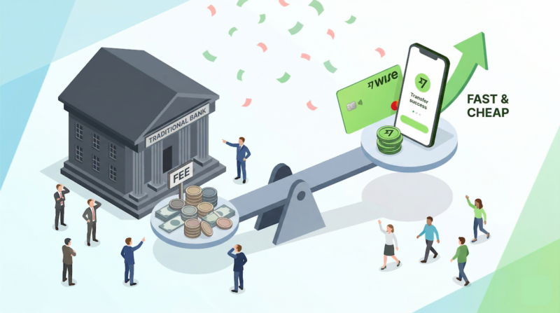 左側に重厚な銀行建物、右側に緑のWiseロゴ風の軽やかなカード・スマホ。中央に天秤があり、銀行側が大きく傾いている。海外送金・両替 隠れた手数料比較ツールのイメージ