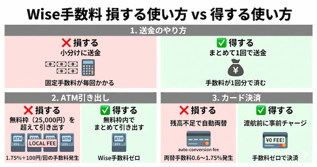 Wise手数料の損する使い方と得する使い方を3パターンで対比した図解。1.送金のやり方：❌小分けに送金すると固定手数料が毎回かかる、✅まとめて1回で送金すると手数料が1回分で済む。2.ATM引き出し：❌無料枠（25,000円）を超えて引き出すと1.75%＋100円/回の手数料が発生、✅無料枠内でまとめて引き出すとWise手数料ゼロ。3.カード決済：❌残高不足で自動両替すると両替手数料0.6〜1.75%が発生、✅渡航前に事前チャージすると手数料ゼロで決済できる