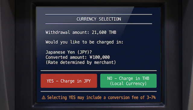 海外ATMのDCC（動的通貨変換）選択画面。「CURRENCY SELECTION」と表示され、引き出し額21,600 THBに対して「日本円（JPY）で請求しますか？」と問われている。左の赤いボタン「YES – Charge in JPY」を選ぶと独自レートが適用され、右の緑のボタン「NO – Charge in THB（Local Currency）」を選ぶと現地通貨のまま決済できる。画面下部に「YESを選ぶと3〜7%の換算手数料が発生する場合があります」と警告が表示されている