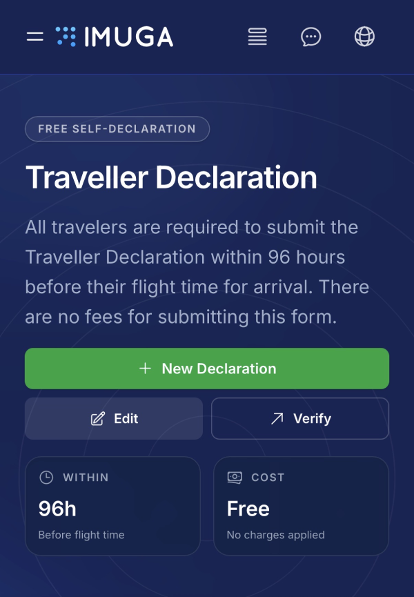 IMUGAのTraveller Declarationトップ画面。WITHIN 96h(到着予定時刻の96時間前以内に申請)とCOST Free(申請無料)の公式表示。