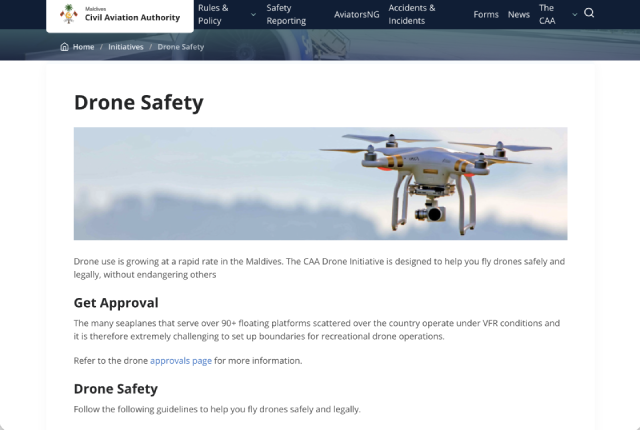 モルディブ民間航空局(CAA)公式サイトのDrone Safetyページ。ドローンを安全かつ合法的に飛行させるためのCAAドローンイニシアチブの案内。