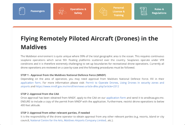 モルディブ民間航空局(CAA)公式サイトのドローン飛行手順ページ。MNDF承認、CAA承認、リゾートや島・市議会など関係者の承認という3ステップの案内。