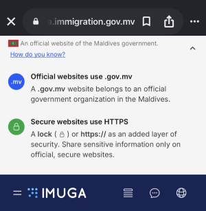 IMUGA公式サイトの.gov.mvドメイン確認バナー