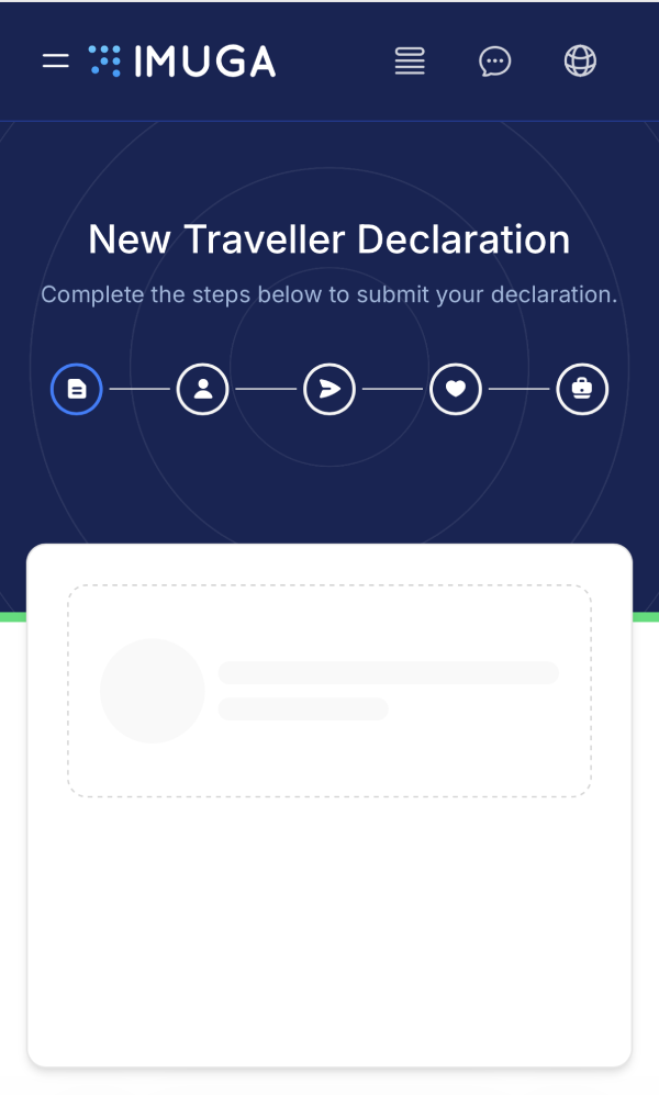 モルディブIMUGAの「New Traveller Declaration」パスポートアップロード直後に、画面中央が真っ白（スケルトンローディング）のまま数秒間フリーズしているスマホ画面