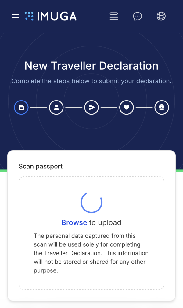 モルディブIMUGAのパスポートスキャン（Scan passport）画面で、データ解析のために青い円がクルクルと回りながら読み込み中（loading）になっているスマホ画面