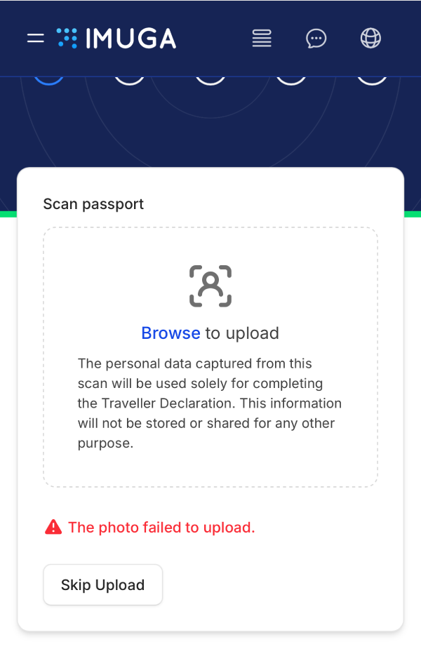 IMUGAのScan passport機能でiPhoneから直接撮影した直後に「The photo failed to upload」エラーが表示されたスマホ画面