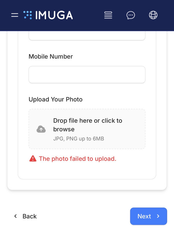 モルディブIMUGA登録画面で写真のアップロードに失敗し「The photo failed to upload.」と赤い英語のエラーメッセージが表示されているスマホ画面