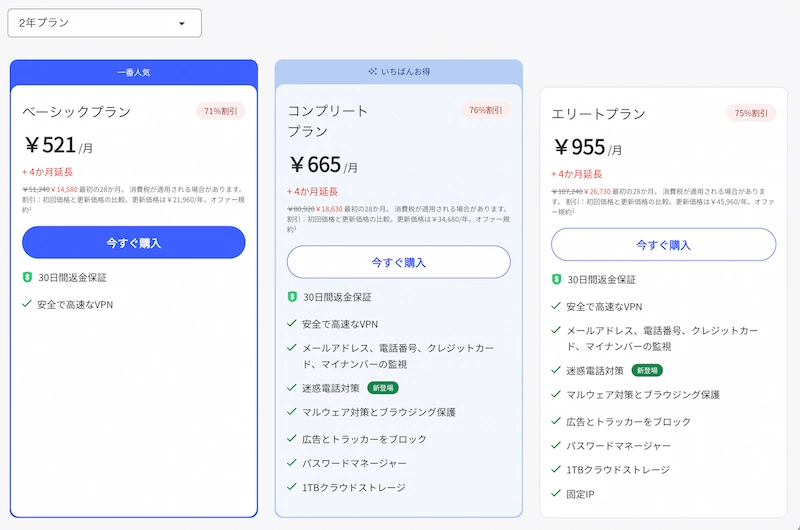 NordVPNの2年プラン比較画面