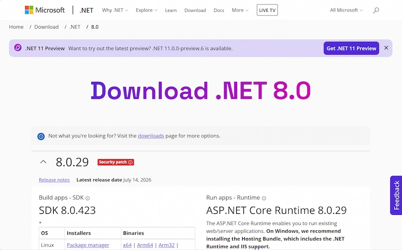 Microsoftの.NETダウンロードページ