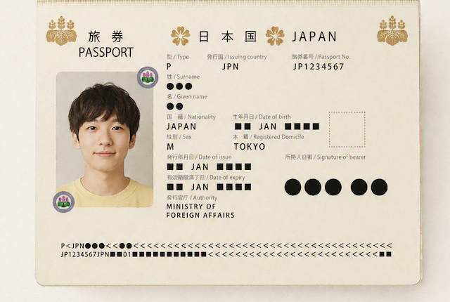 IMUGAにアップロードするために綺麗に撮影された、顔写真や文字がくっきりと見える日本国パスポートのデータページのサンプル画像