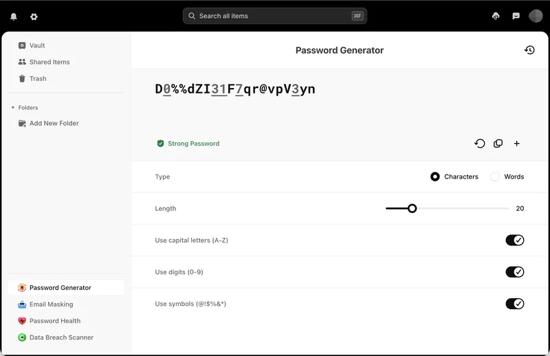 NordPassのPassword Generatorで強力なパスワードを生成する画面