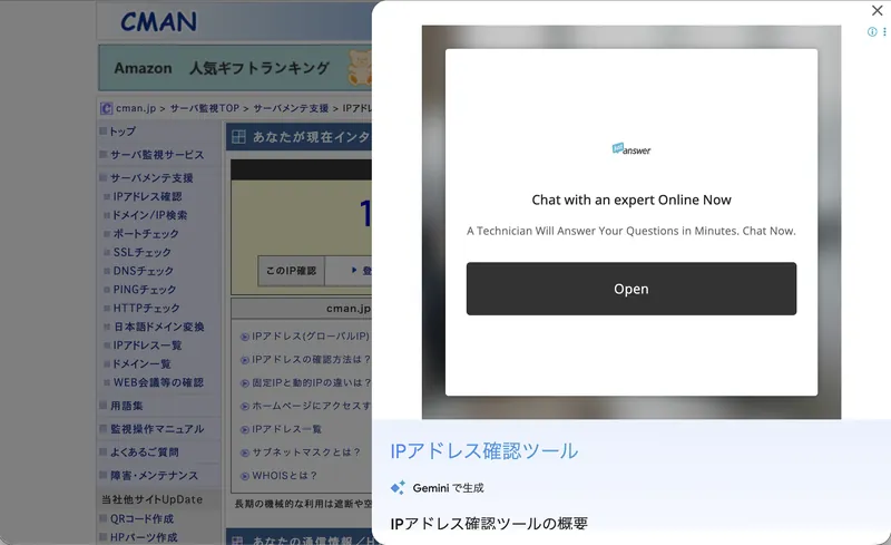 IPアドレス確認ツールに見せかけた紛らわしい広告リンクをクリックした際の遷移先。保護有効時はこのリンク自体が表示されずクリック事故を防げる