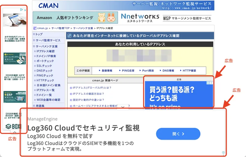 保護を有効にする前。IPチェックサイトで放置すると複数箇所に広告が表示される