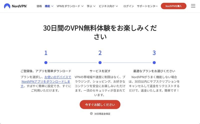 NordVPN公式サイトの30日間無料体験を案内する3ステップの画面
