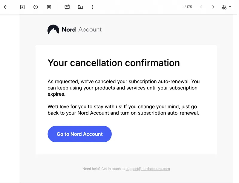 NordVPNから届いたキャンセル確認メールの画面