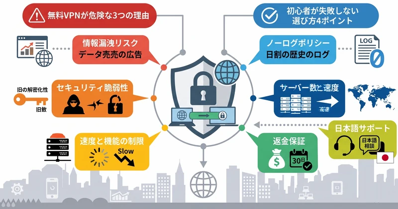 無料VPNが危険な3つの理由と初心者が失敗しないVPNの選び方4ポイントをまとめた図解