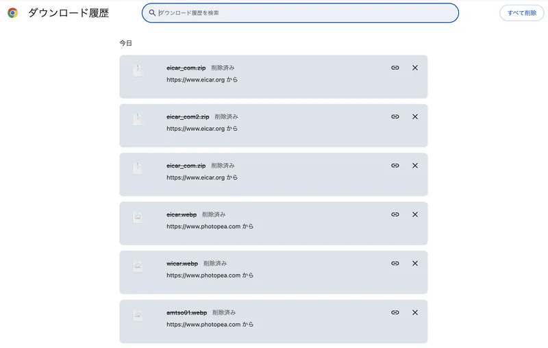 NordVPNのマルウェアスキャナーがダウンロード直後に隔離・削除したため、Chromeのダウンロード履歴上でも削除済みになっている