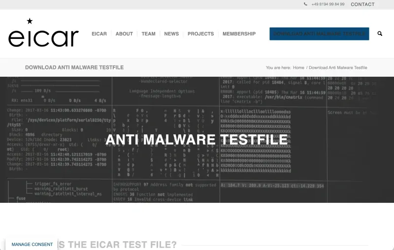 EICAR公式サイトのトップ。無害なテスト用ファイルを配布している