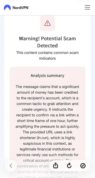 Scam Text Checkerが詐欺を警告した結果画面（英語UI）
