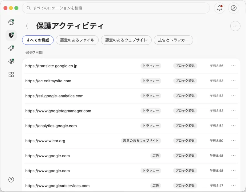 保護アクティビティの「すべての脅威」タブ。広告・トラッカー・悪意のあるウェブサイトがまとめてブロック済みとして記録されている