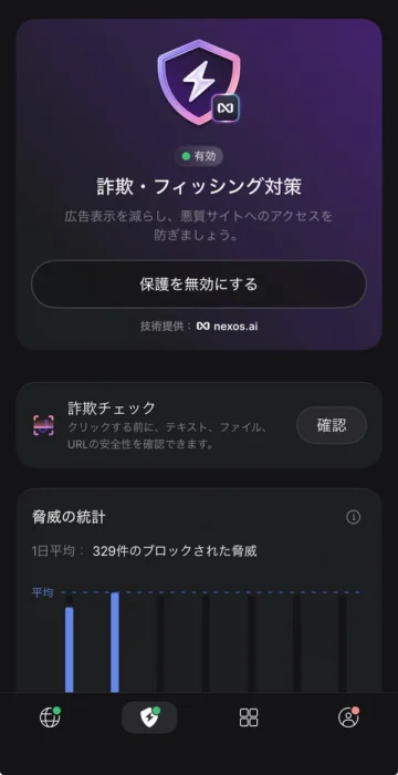 NordVPN脅威対策Proの稼働画面。1日平均329件の脅威をブロックした統計