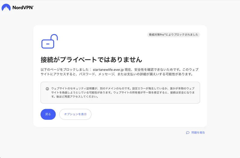 別の検索結果のページを開くと、NordVPNが「接続がプライベートではありません」と表示し、証明書の不一致を理由に遮断している