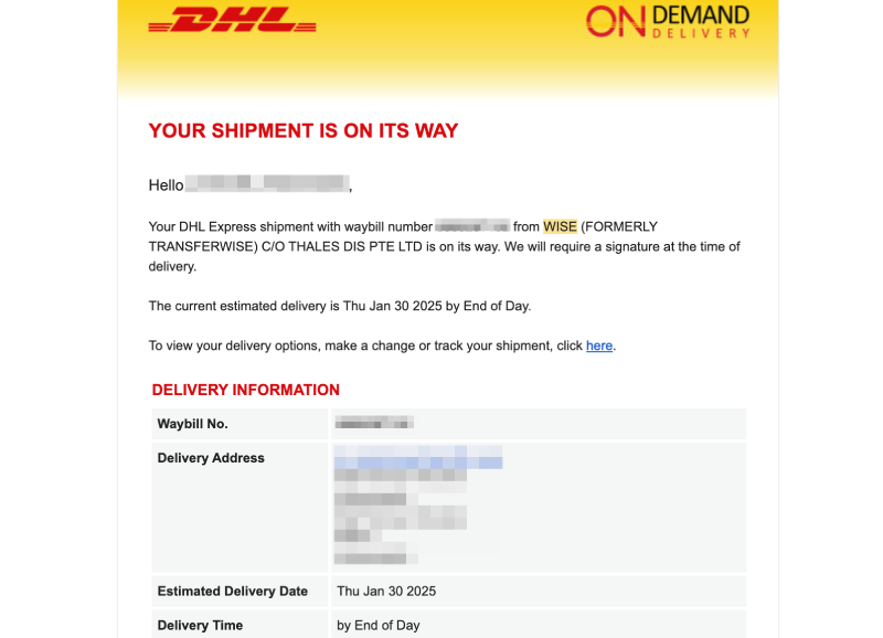 DHLからのWiseカード発送通知メール。到着予定日と要署名の案内が記載されている